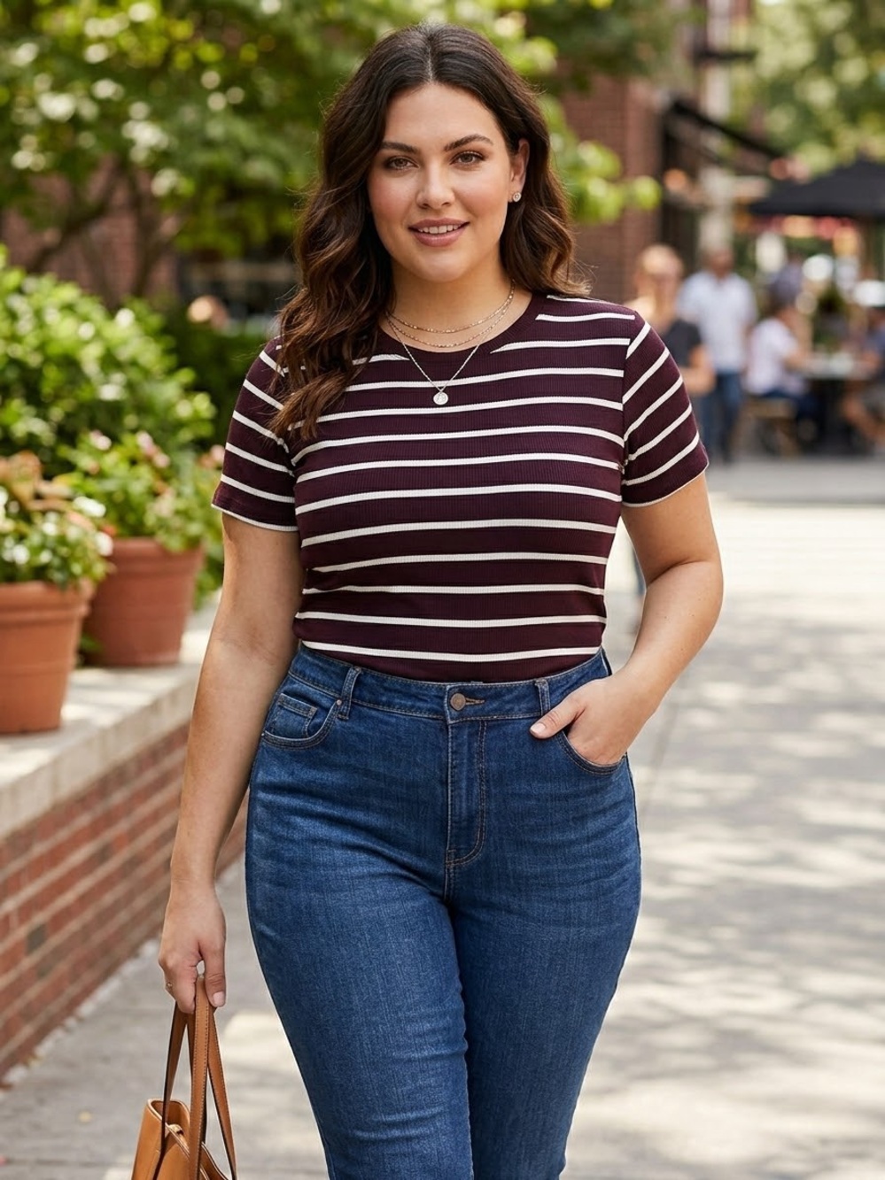 Nine West Burgundy and White Striped Short-Sleeve Tee